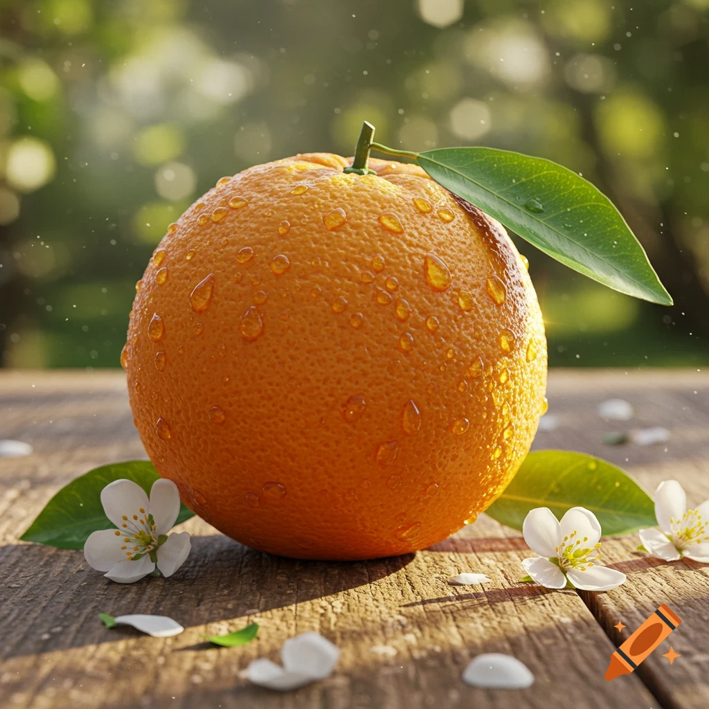 Photorealistic image of a wet orange with green leaves and white blossoms on a rustic wooden table under dappled sunlight.