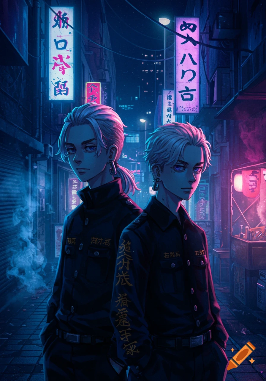Two anime characters with light hair stand in a dark, neon-lit cyberpunk alleyway at night. The character in front has a ponytail and wears a black uniform with gold Japanese text on the sleeve. Blurry neon signs glow in the background.