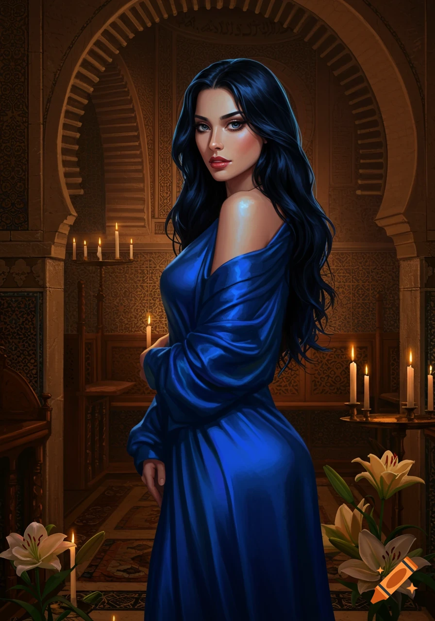 A dark-haired woman in a flowing blue gown stands in a candlelit, arched room with ornate patterns, looking over her shoulder.