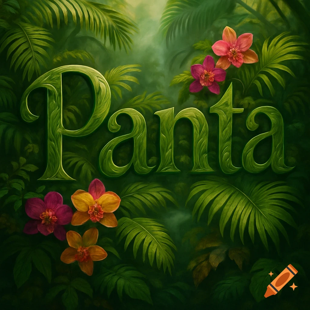 Green leafy letters spelling Panta in a lush jungle scene with colorful flowers.