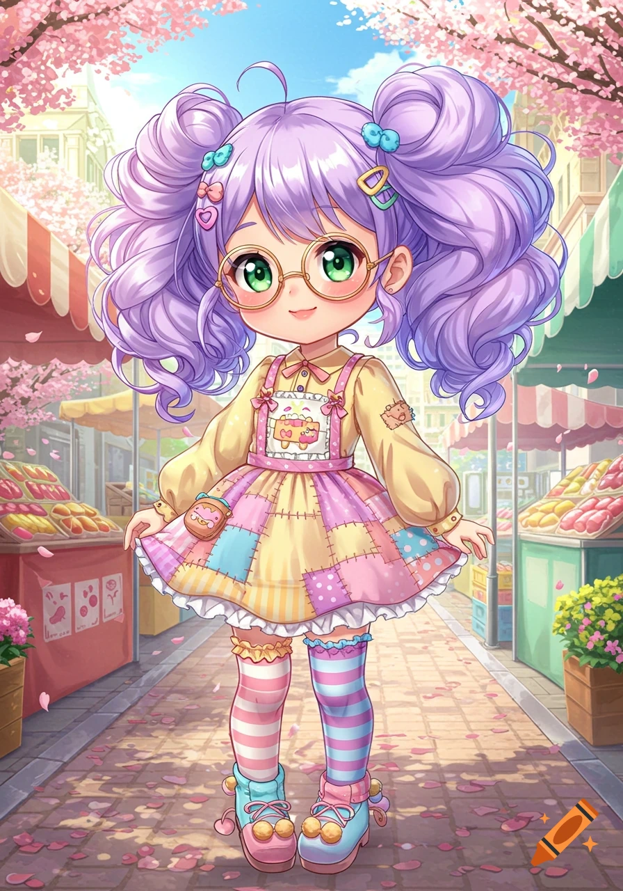 Anime girl with lavender hair, green eyes, and round glasses, wearing a colorful patchwork dress and striped stockings, standing in a cherry blossom-filled market street.