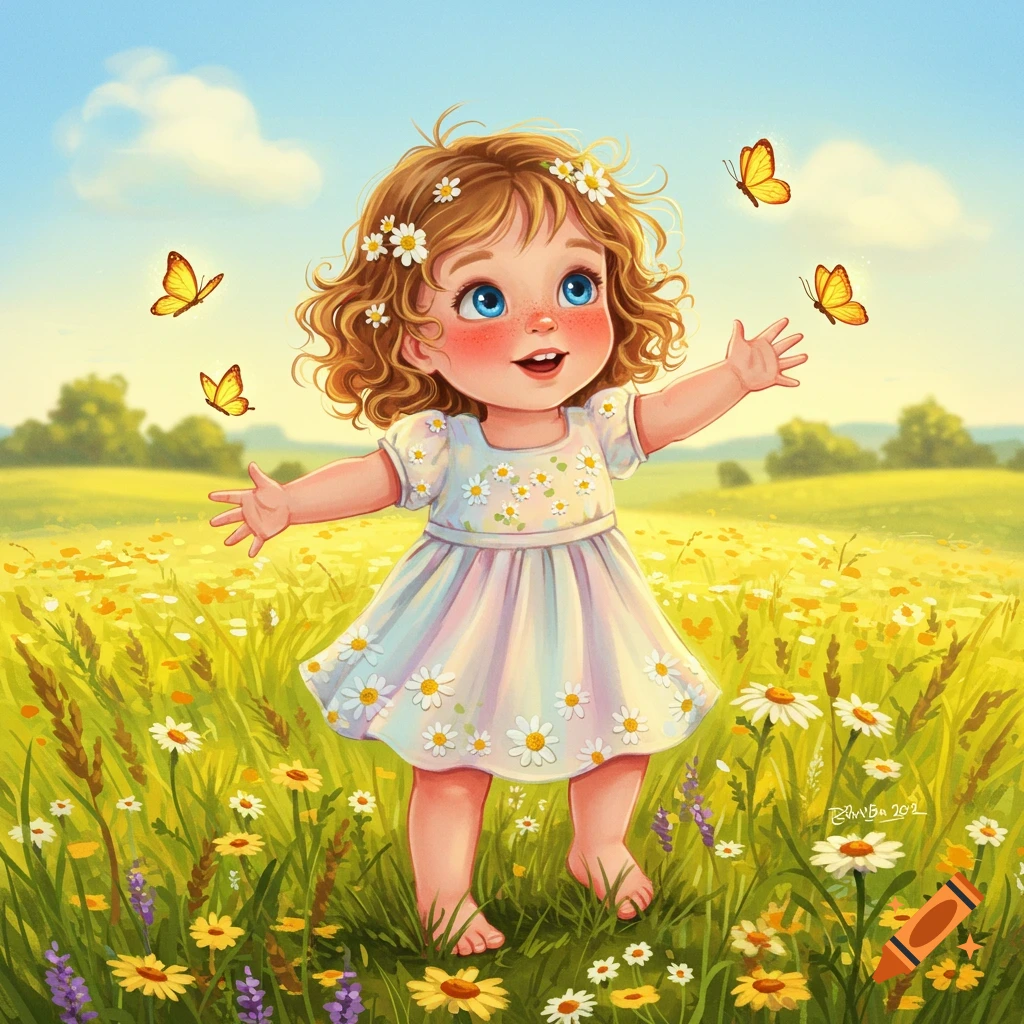 A happy cartoon little girl with curly brown hair and daisies in her hair stands in a sunny field of wildflowers with butterflies.