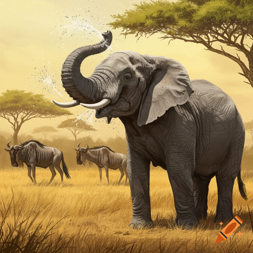 An illustrated elephant sprays water from its trunk in a sunny savannah with wildebeests and acacia trees.