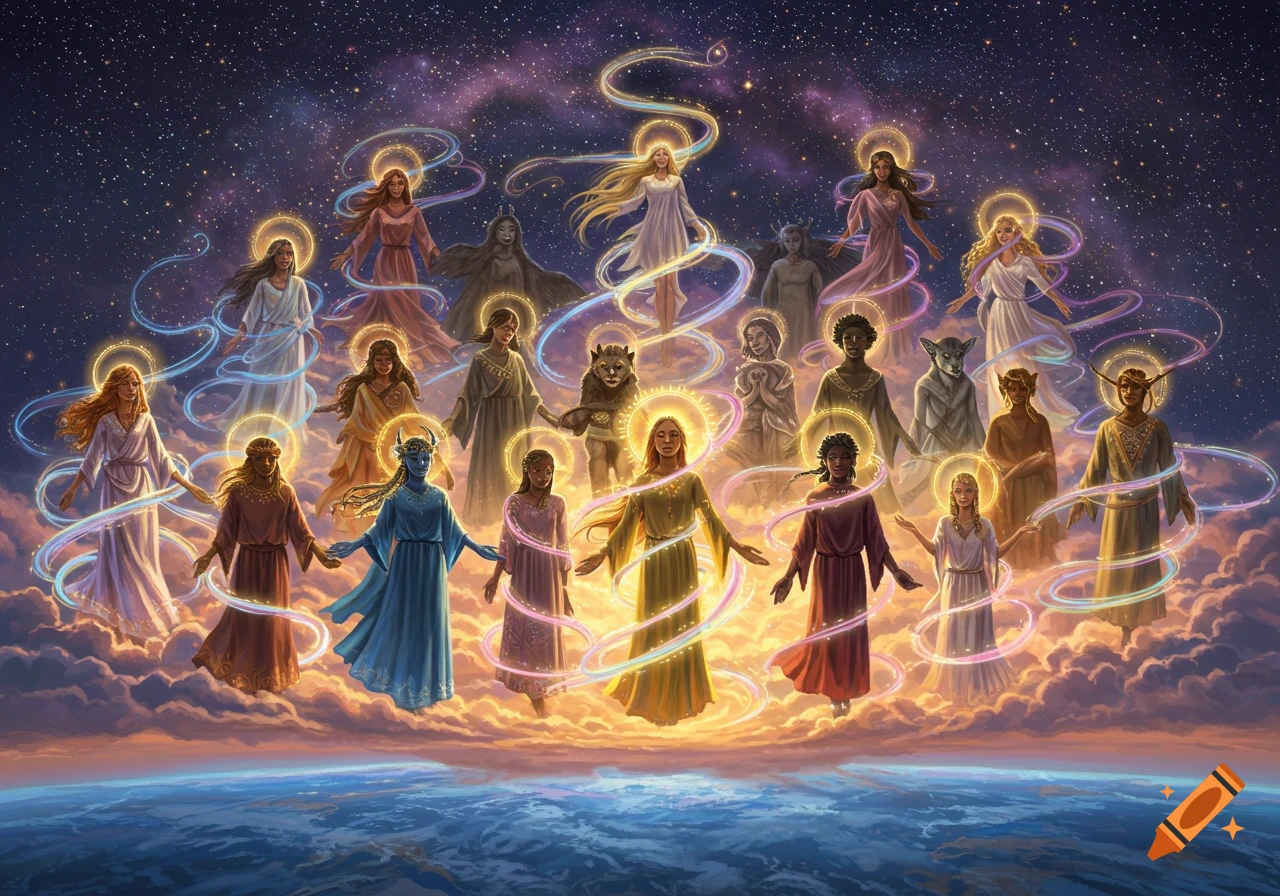 A diverse group of figures with halos and glowing ribbons stand on clouds above Earth in a starry sky, in a vibrant fantasy illustration.