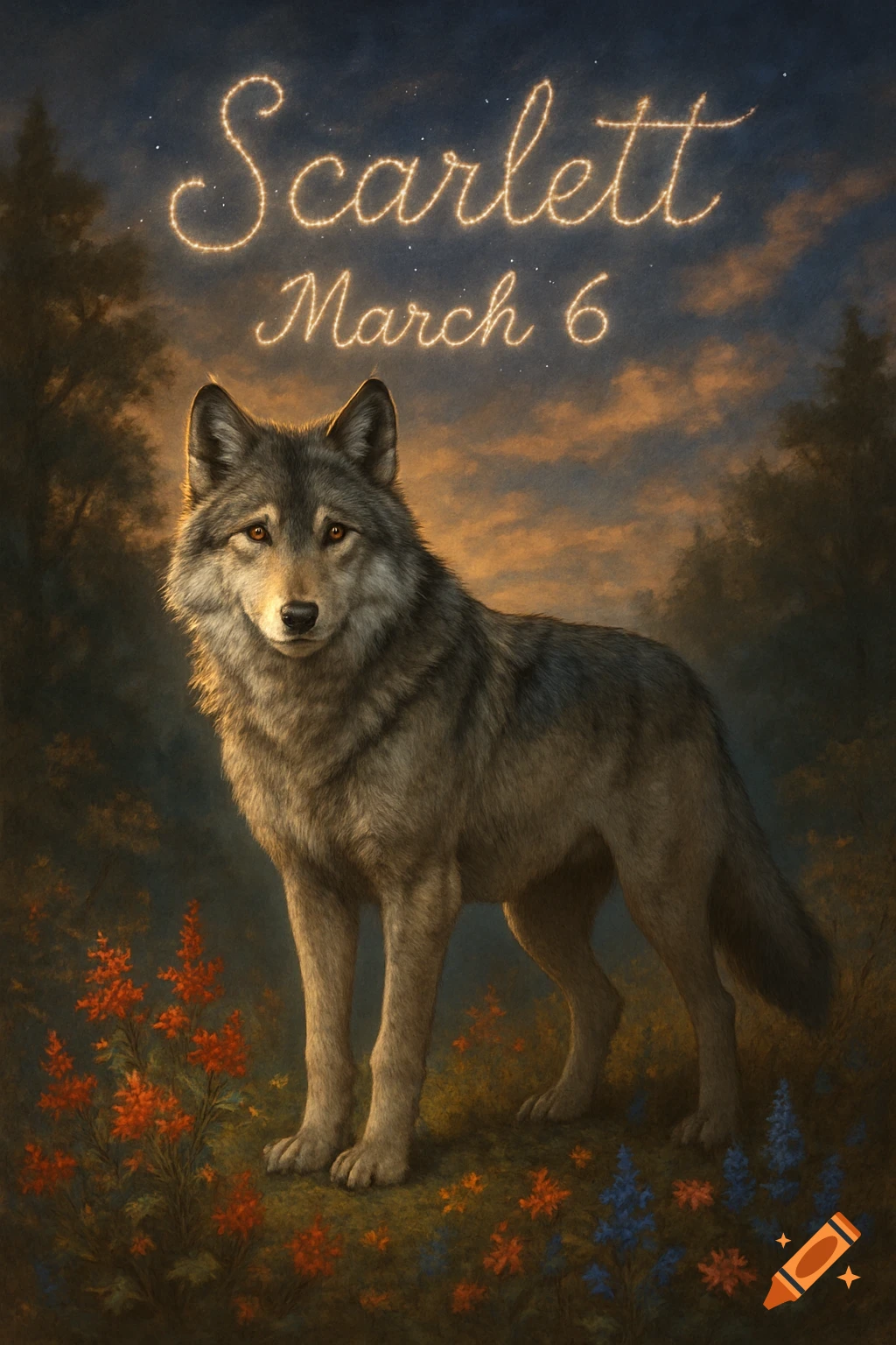 A majestic wolf stands among red and blue flowers at dusk, with 'Scarlett March 6' glowing in the sky.