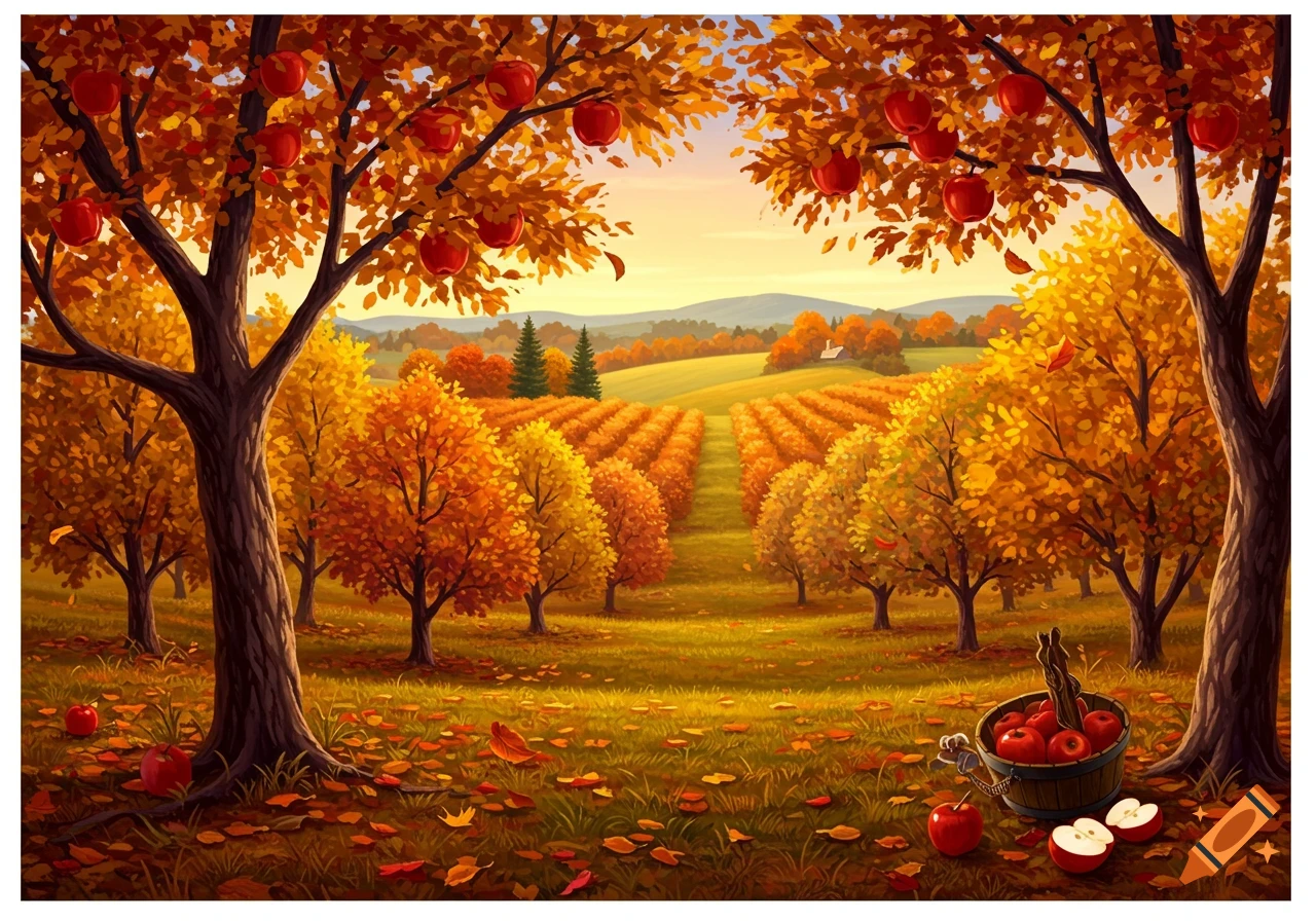 A vibrant autumn landscape of an apple orchard with golden trees and red apples, a basket of apples on the ground.