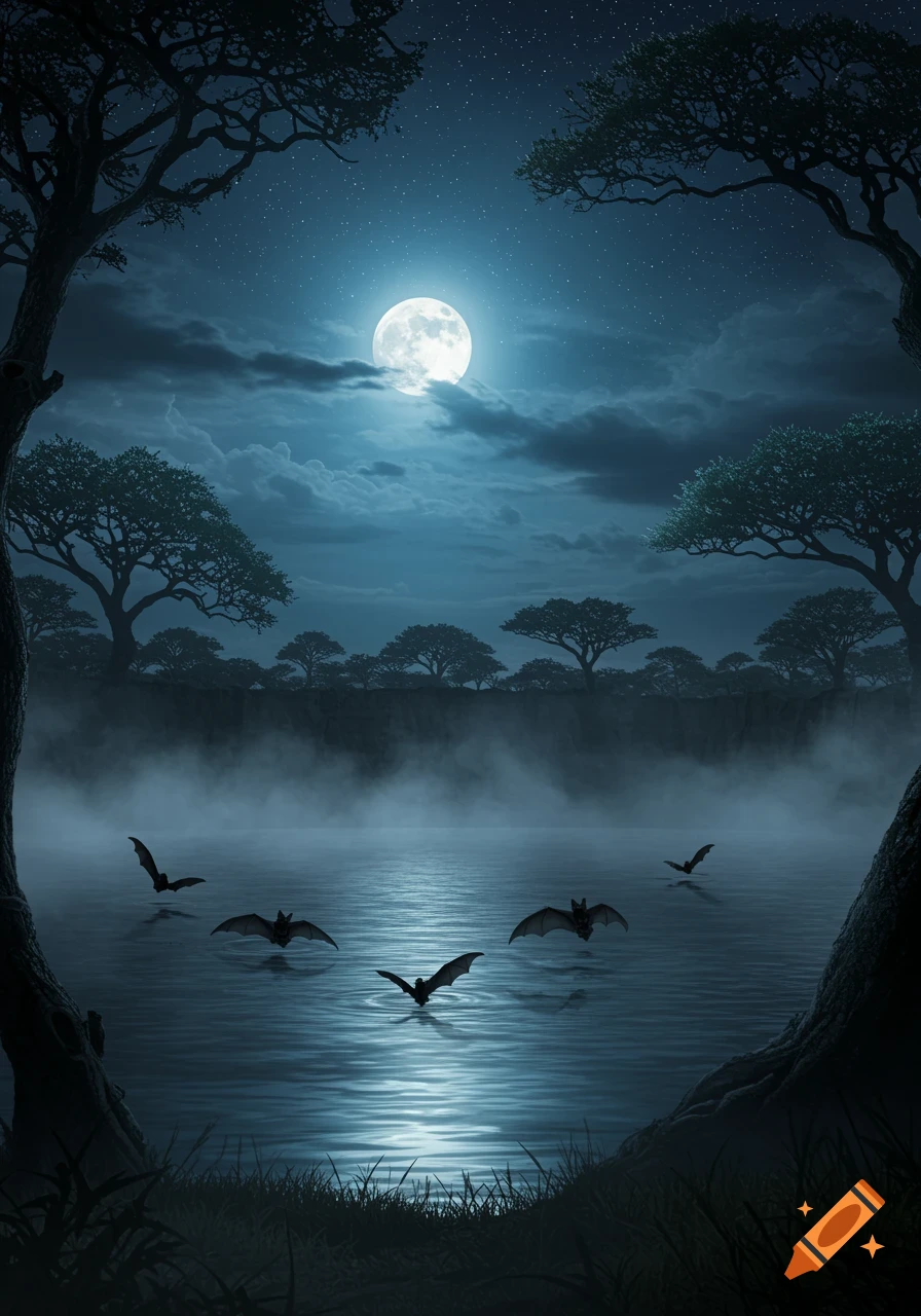 Moonlit African crater lake with mist rising, framed by dark trees, and bats flying over the water at night.