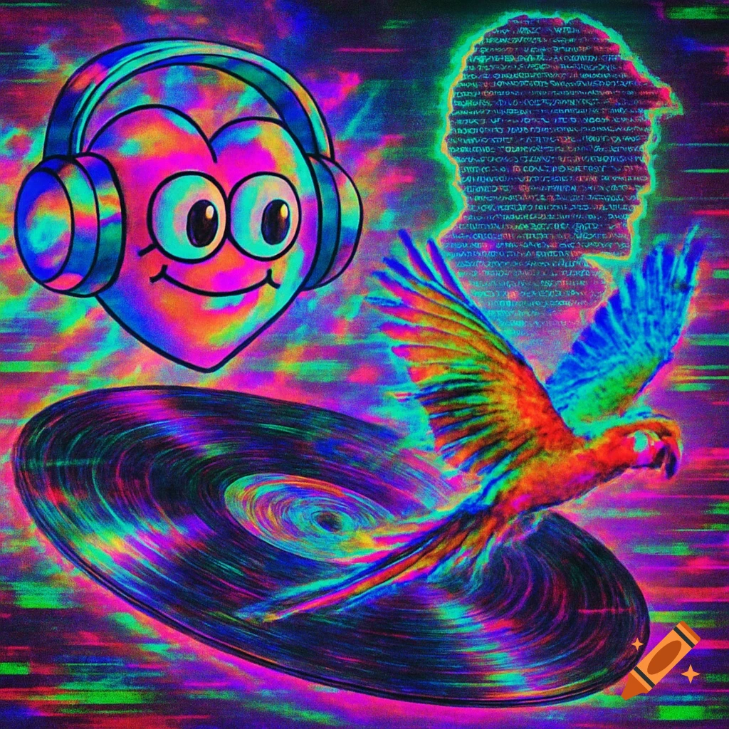 A colorful, glitch-art style image featuring a cartoon heart with headphones, a parrot flying over a vinyl record, and a silhouette filled with illegible text.