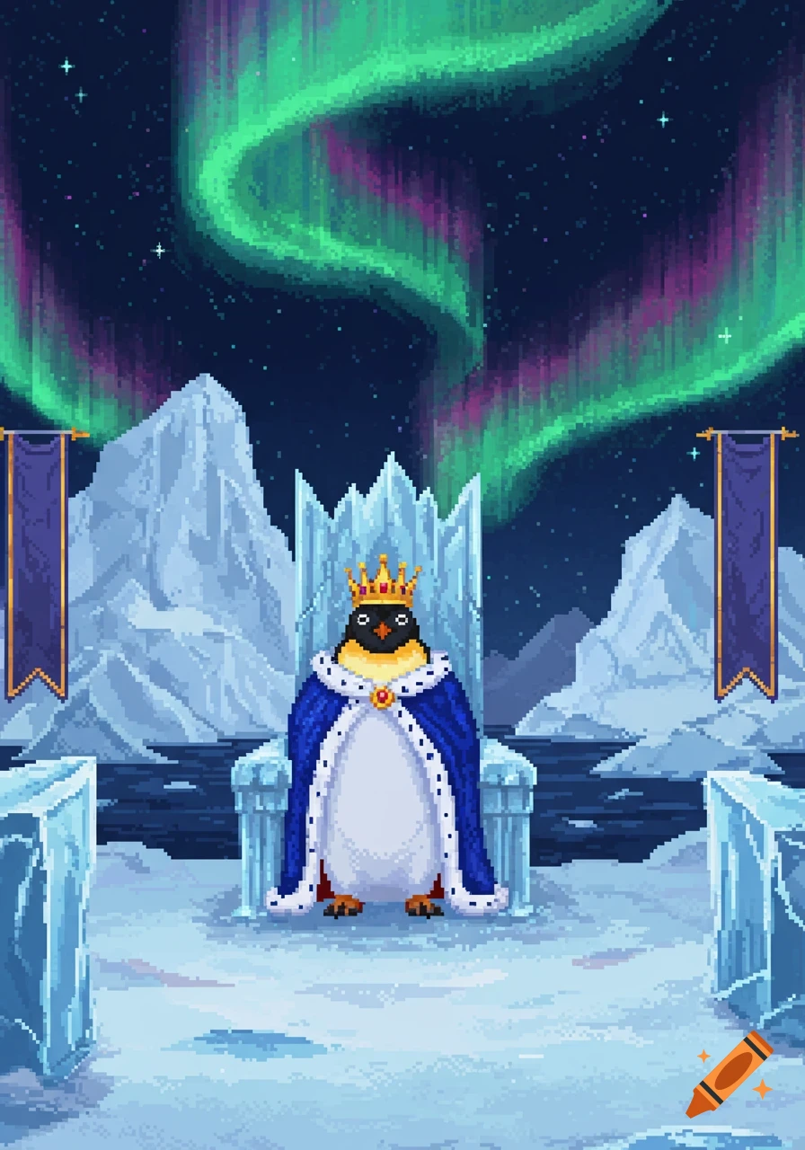 Pixel art of a king penguin wearing a crown and blue cape, seated on an ice throne in an arctic landscape under the northern lights.
