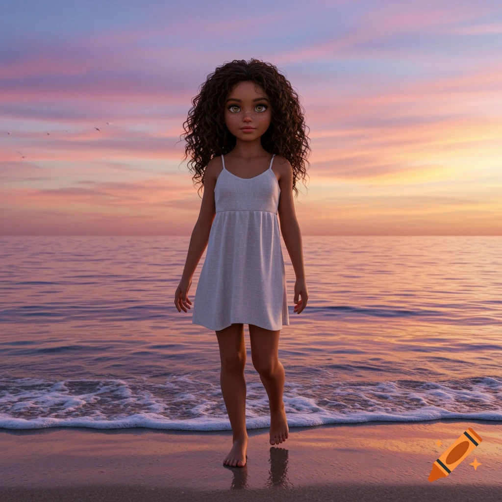 A young girl with curly brown hair and large eyes stands on a sandy beach at sunset, with the ocean behind her.