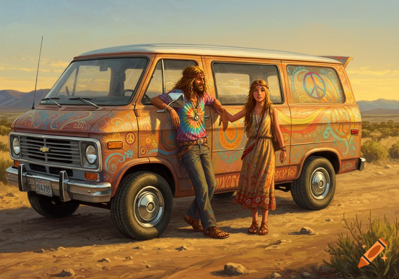 An illustrated scene of a man and a woman dressed as hippies standing beside a brightly painted vintage van in a desert landscape at sunset.