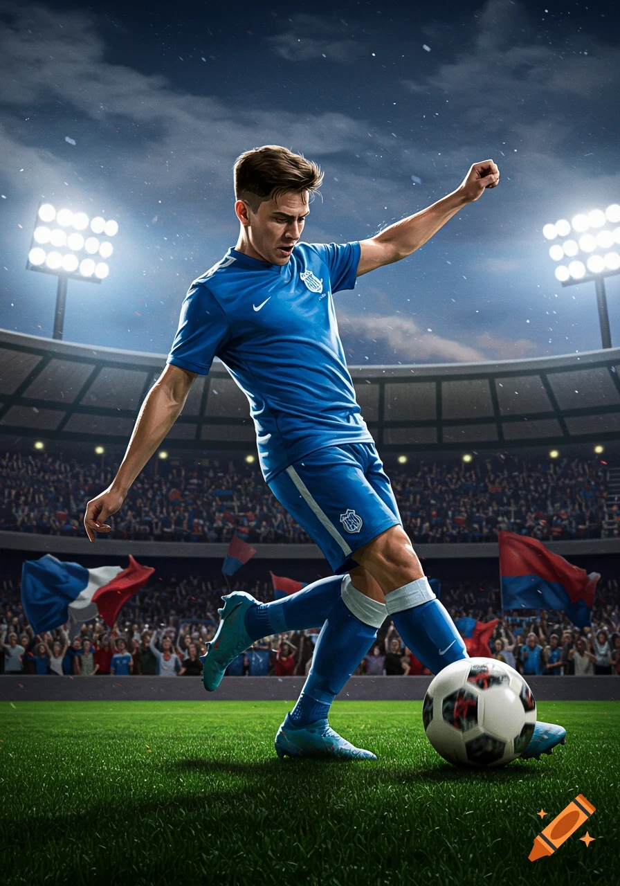 A male soccer player in a blue uniform prepares to kick a soccer ball on a green field in a stadium under bright lights.