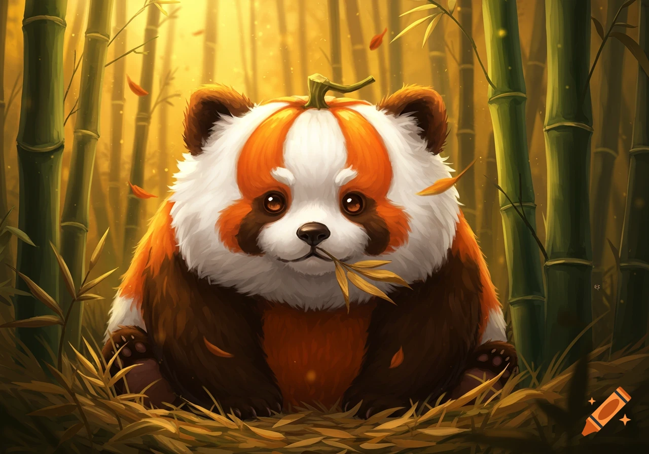 A cute fluffy panda with pumpkin-like orange and white fur sits in a bamboo forest with autumn leaves falling.
