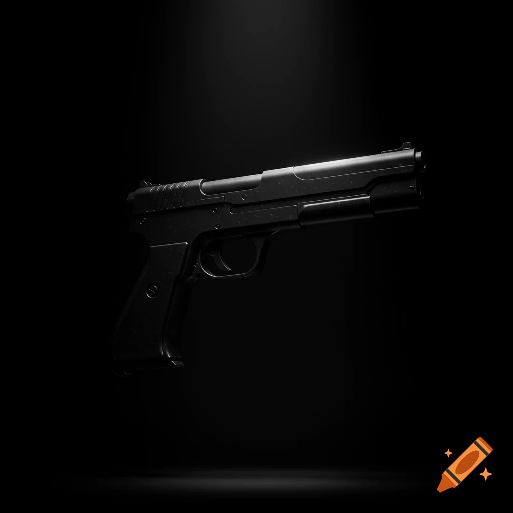 A black pistol floating in a dark, spotlighted void.