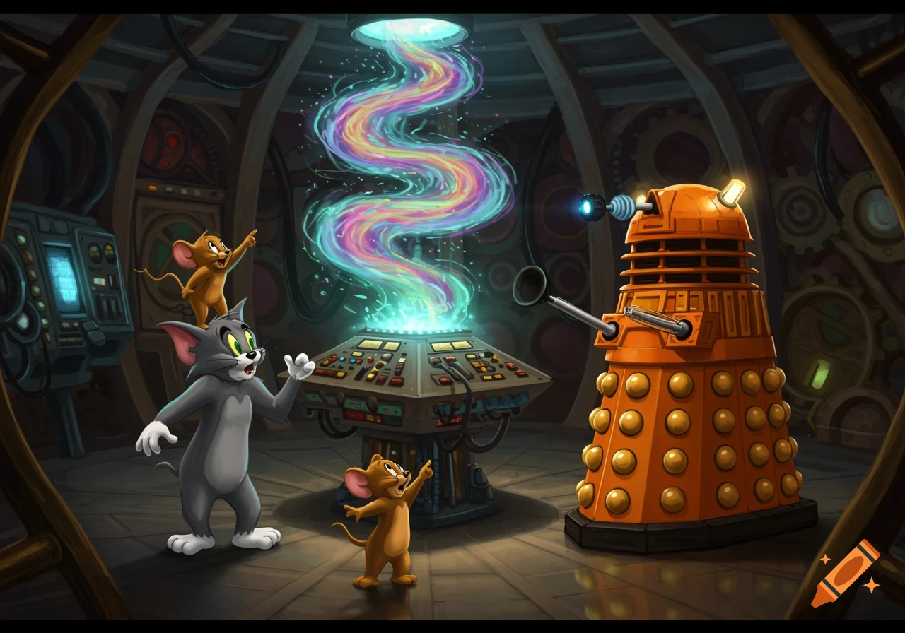 Tom and Jerry stand in a dimly lit, gear-filled room with a glowing central console and a tall orange Dalek. A colorful energy beam shoots from the console.