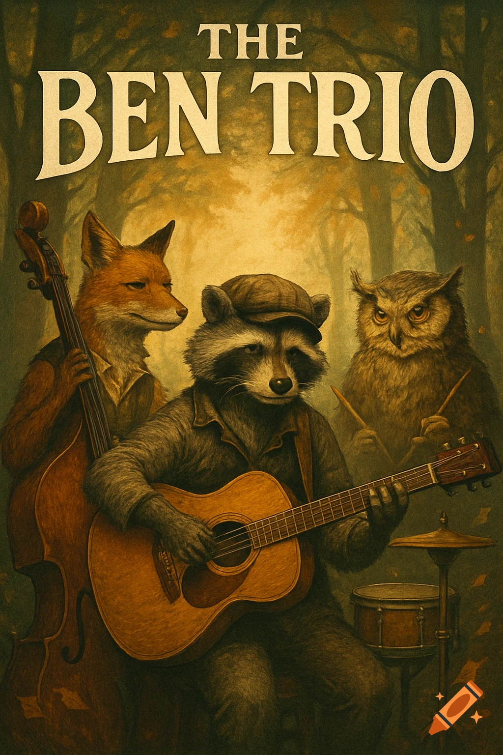 An old-fashioned poster of a fox on double bass, a raccoon on guitar, and an owl on drums in a forest, titled "THE BEN TRIO".