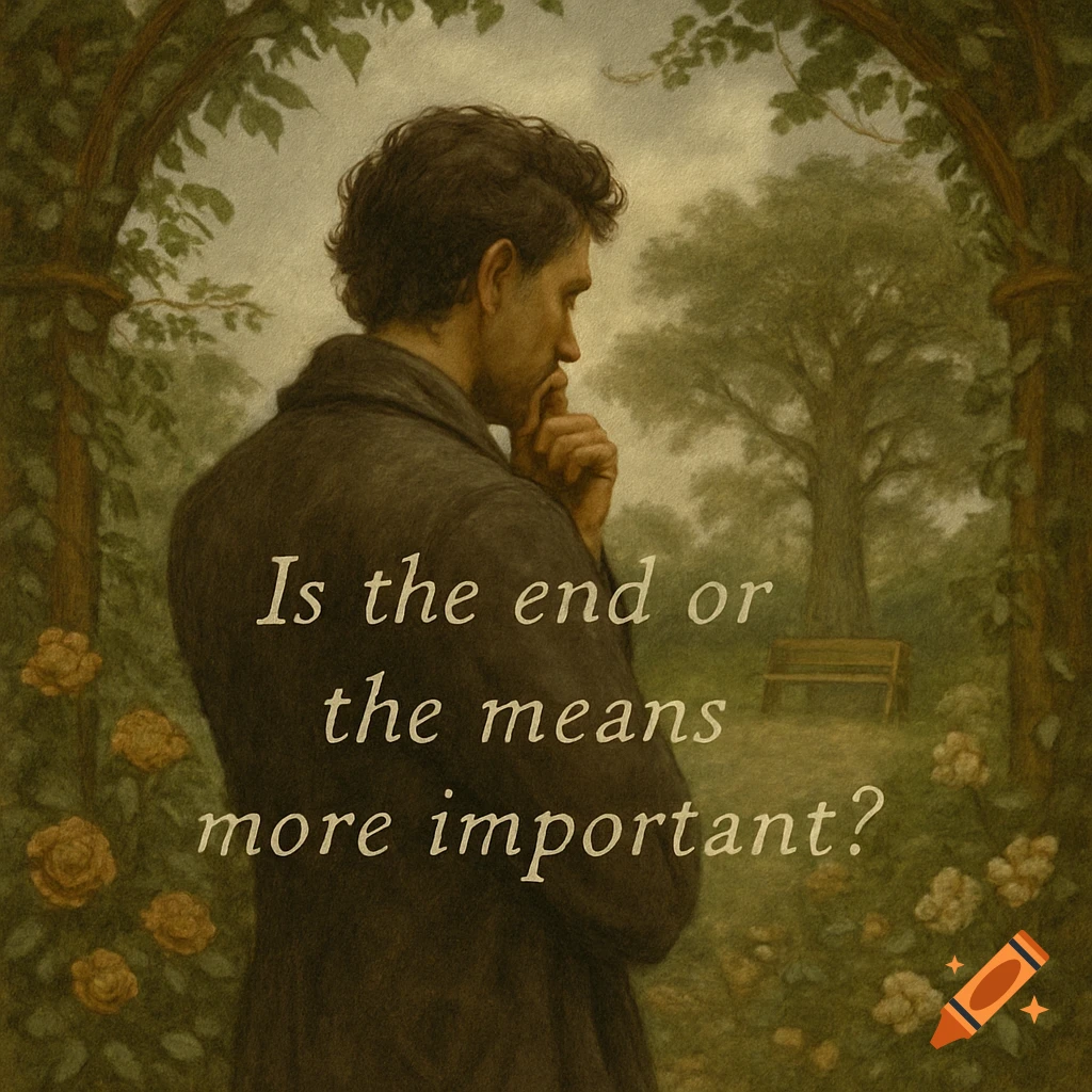 A textured painting of a man pondering in a garden, his back to the viewer, with text asking "Is the end or the means more important?"