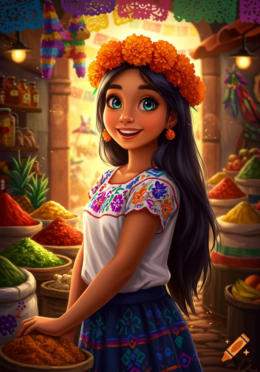 A cute cartoon girl with a marigold flower crown and embroidered shirt smiles in a vibrant Mexican market with colorful spices.