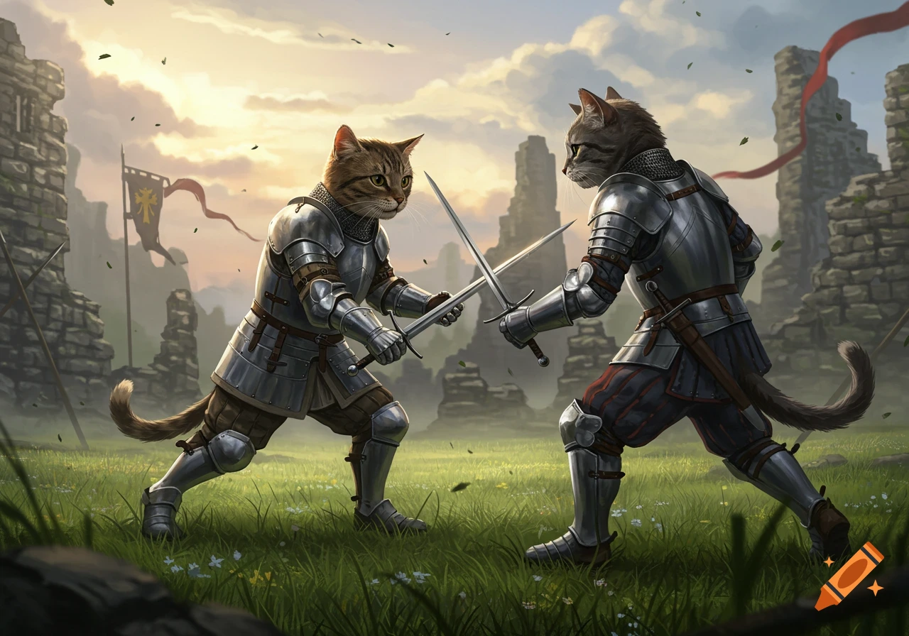 Two armored cats duel with swords in a grassy field before ruined castles under a dramatic sky.