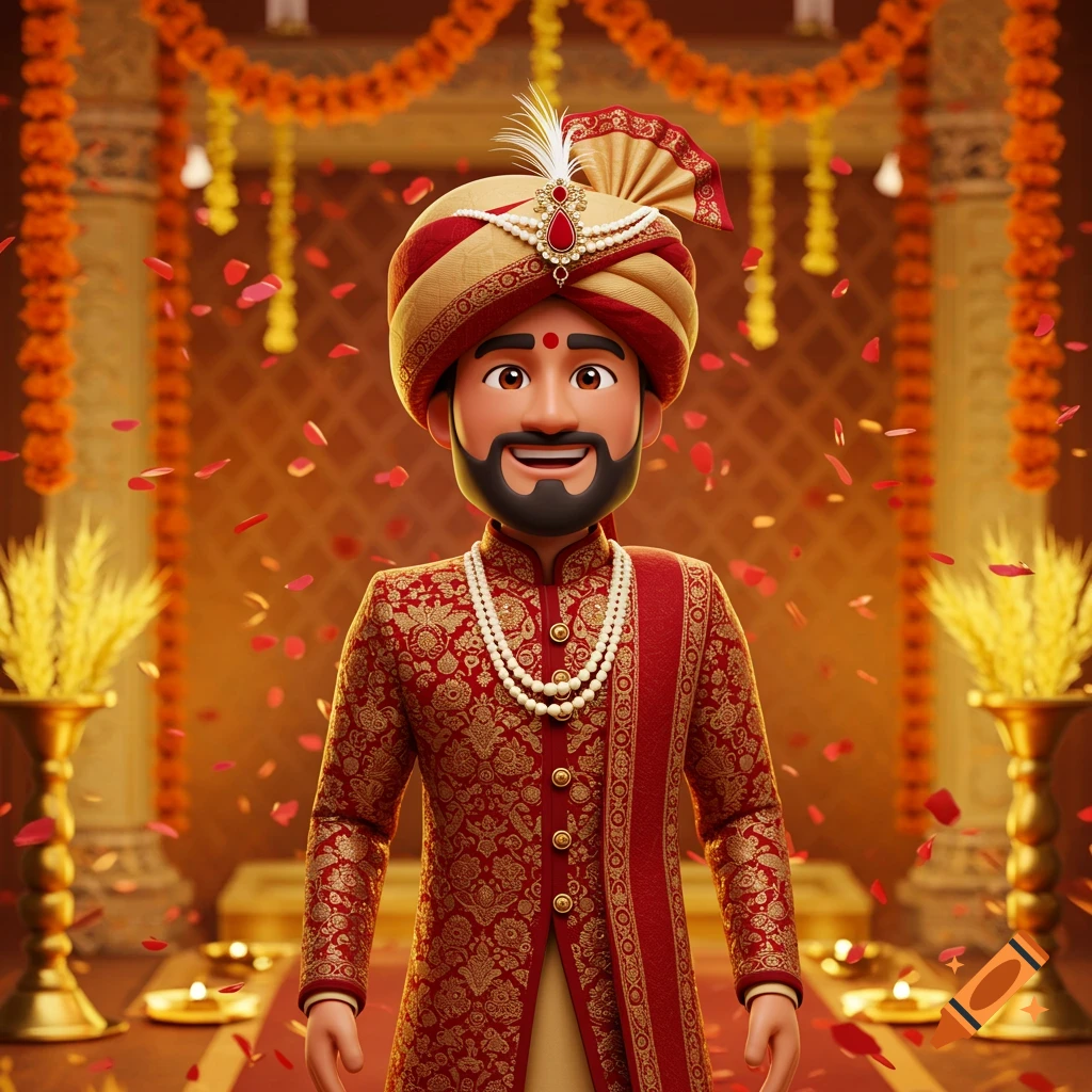 A smiling 3D cartoon Indian groom in traditional red and gold attire with a turban stands amidst falling rose petals at a wedding.