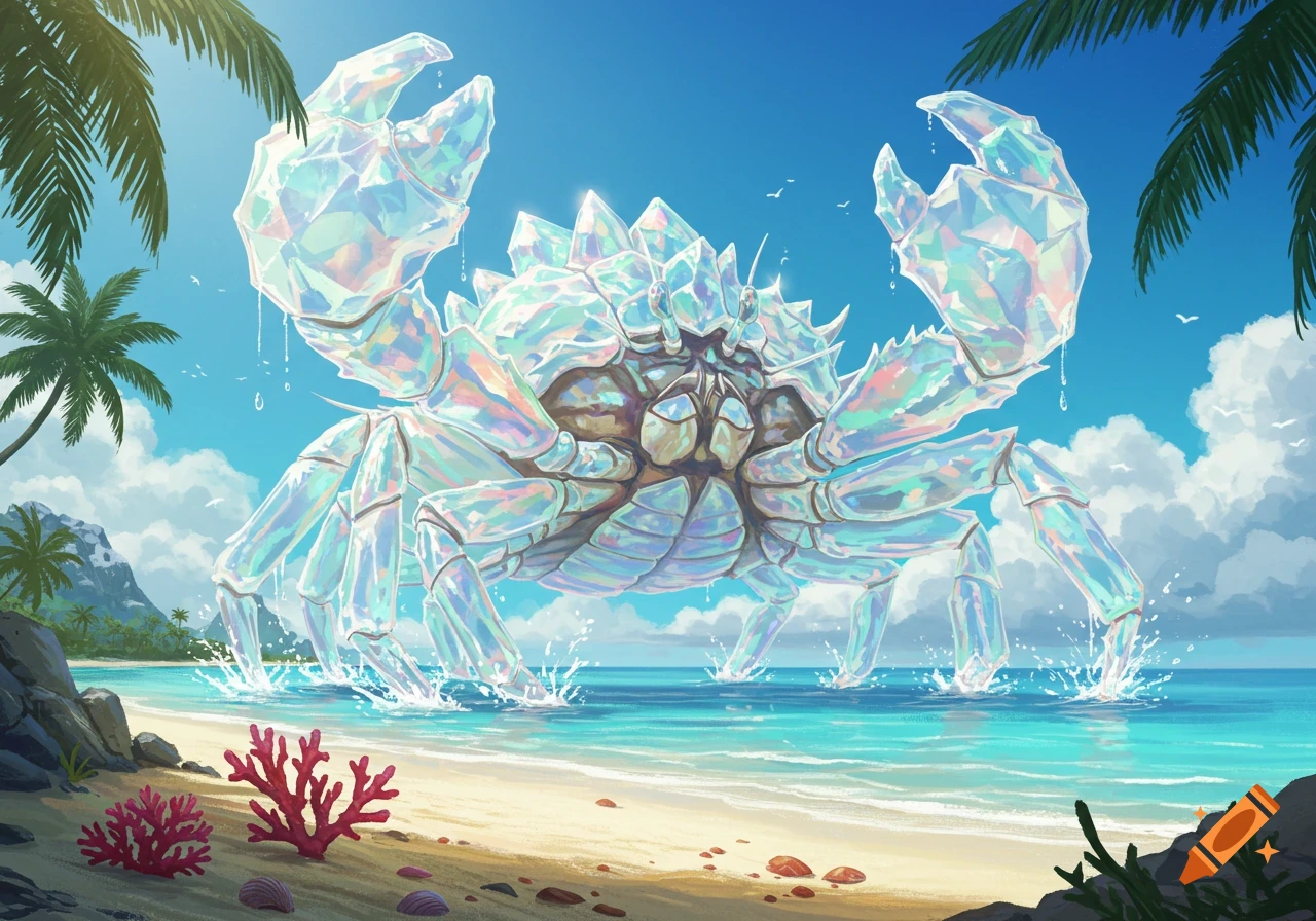 A giant iridescent crystal crab stands in the shallow ocean water on a sunny beach, surrounded by palm trees and coral.