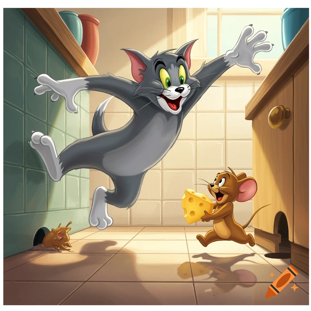 Tom the cat lunges playfully at Jerry the mouse, who runs with a large piece of cheese in a bright kitchen. Cartoon style.