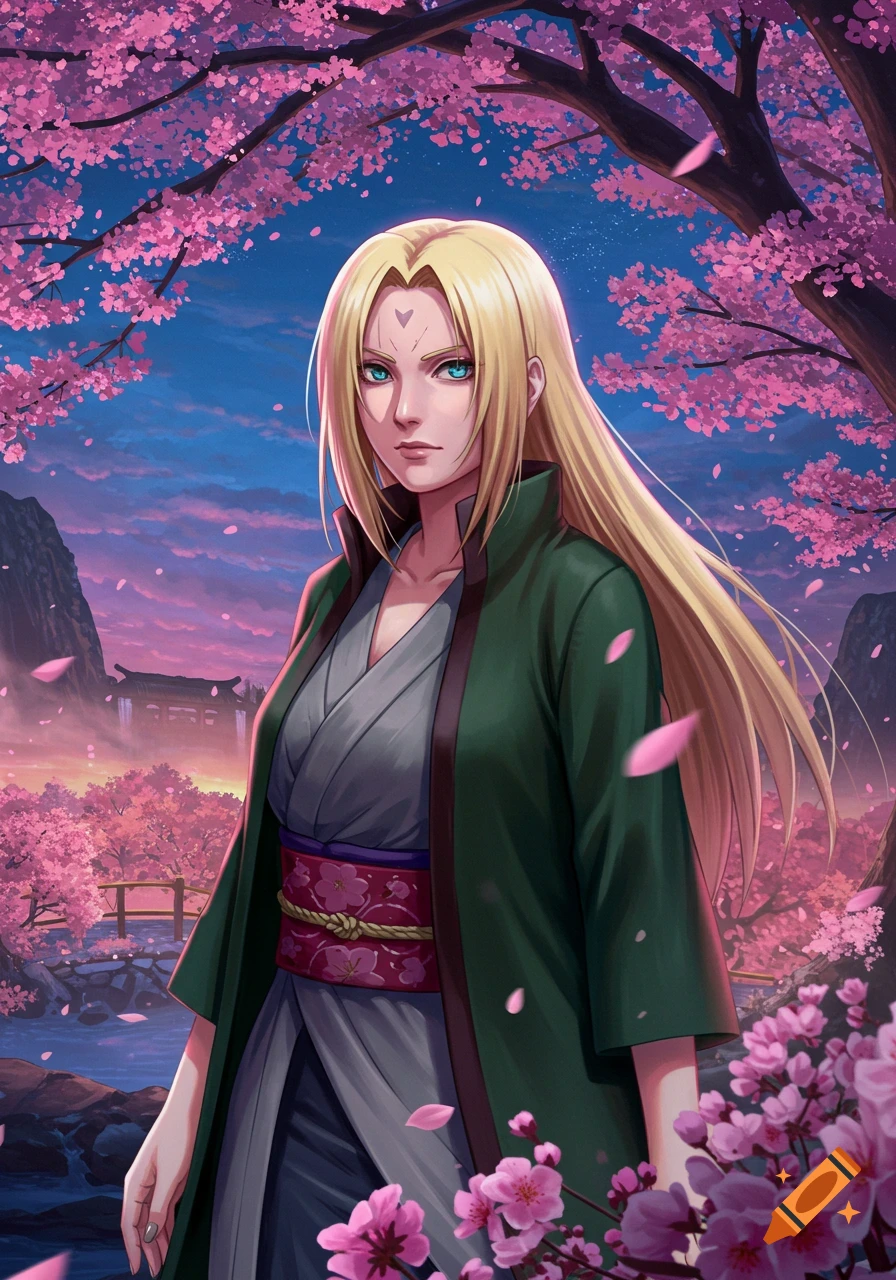 An anime illustration of Tsunade, a woman with long blonde hair and blue eyes, wearing a green coat and kimono, standing in a vibrant cherry blossom garden at dusk.