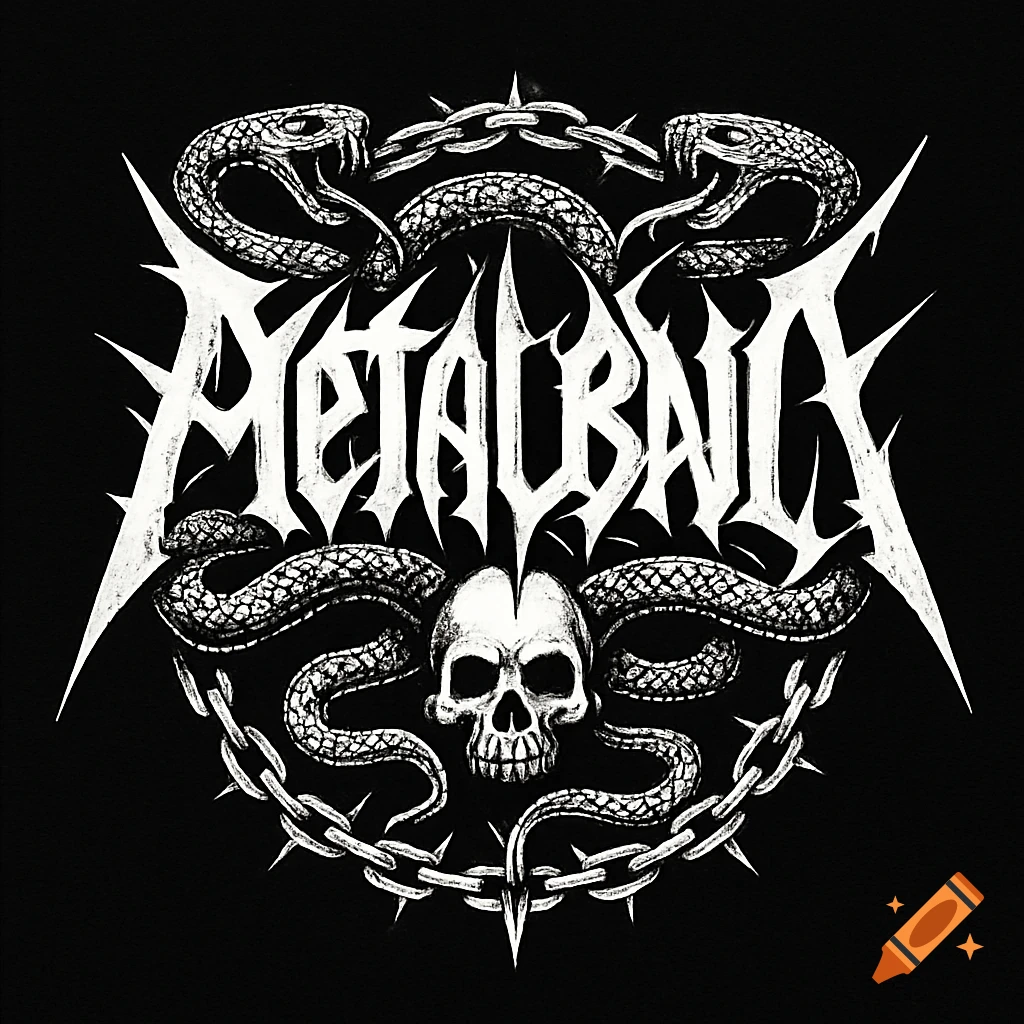 Black and white metal band logo with a skull, snakes, spiked chains, and 'METALBAIA' text.