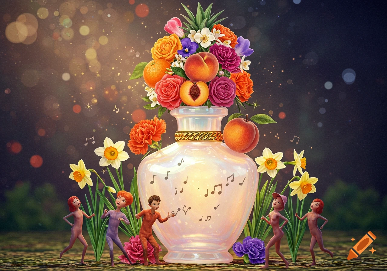 A magical perfume bottle filled with vibrant flowers and fruits, surrounded by small dancing figures and musical notes.