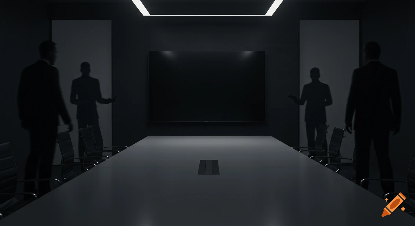 A dimly lit boardroom with shadowy figures standing around a long, empty meeting table and a large, dark screen.