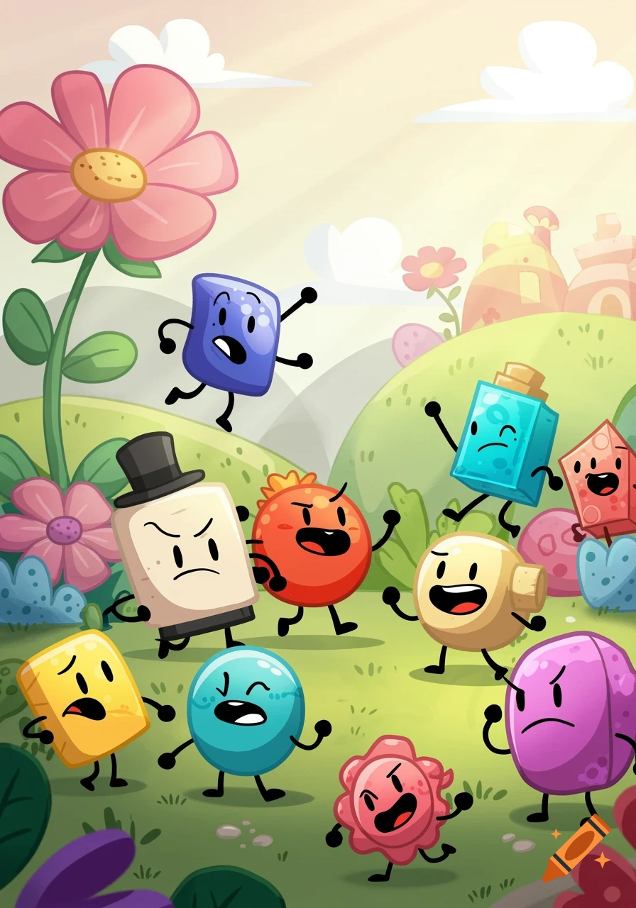 Bright cartoon of colorful, animated object characters with faces and limbs in a whimsical landscape with a large pink flower.