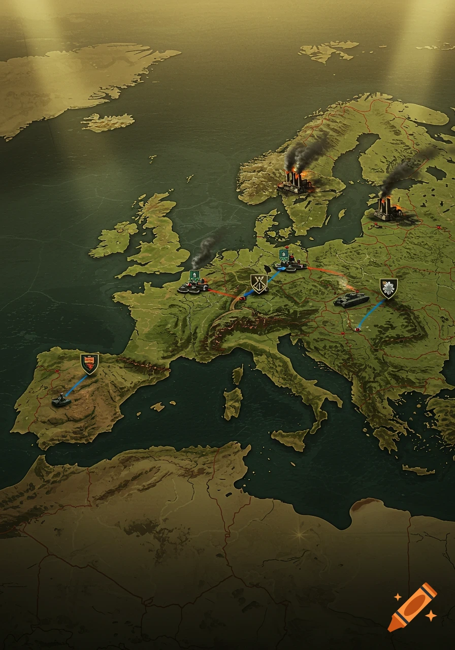 Top-down view of a strategy game map showing Europe with military units, strategic paths, and smoking industrial sites.