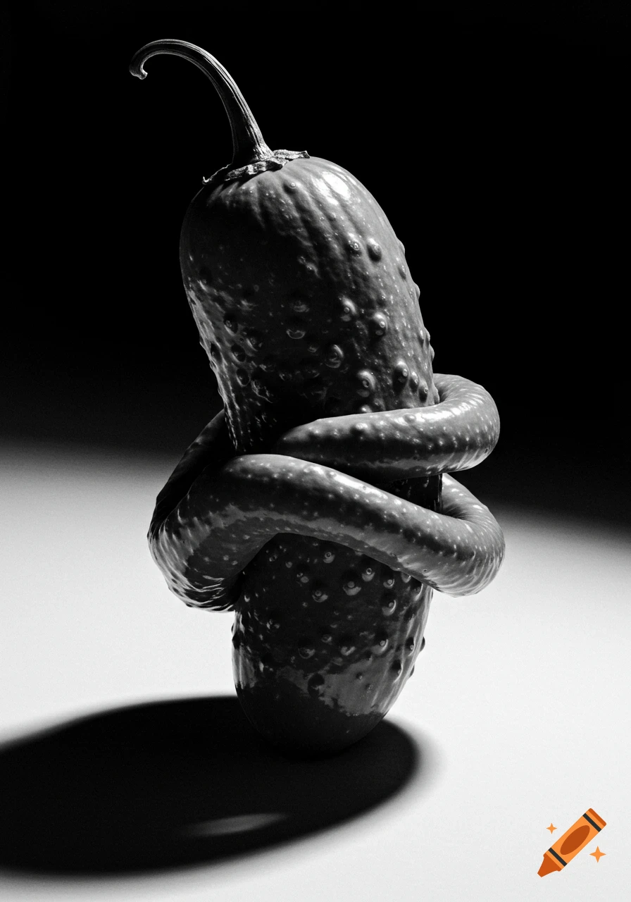 Black and white still life of a bumpy ghost pepper wrapped by a long, slender pickle.