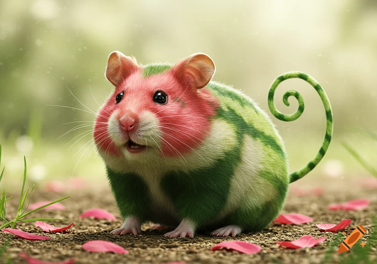A photorealistic watermelon-hamster hybrid creature with pink and green fur, curled tail, sitting on a forest floor with pink petals.