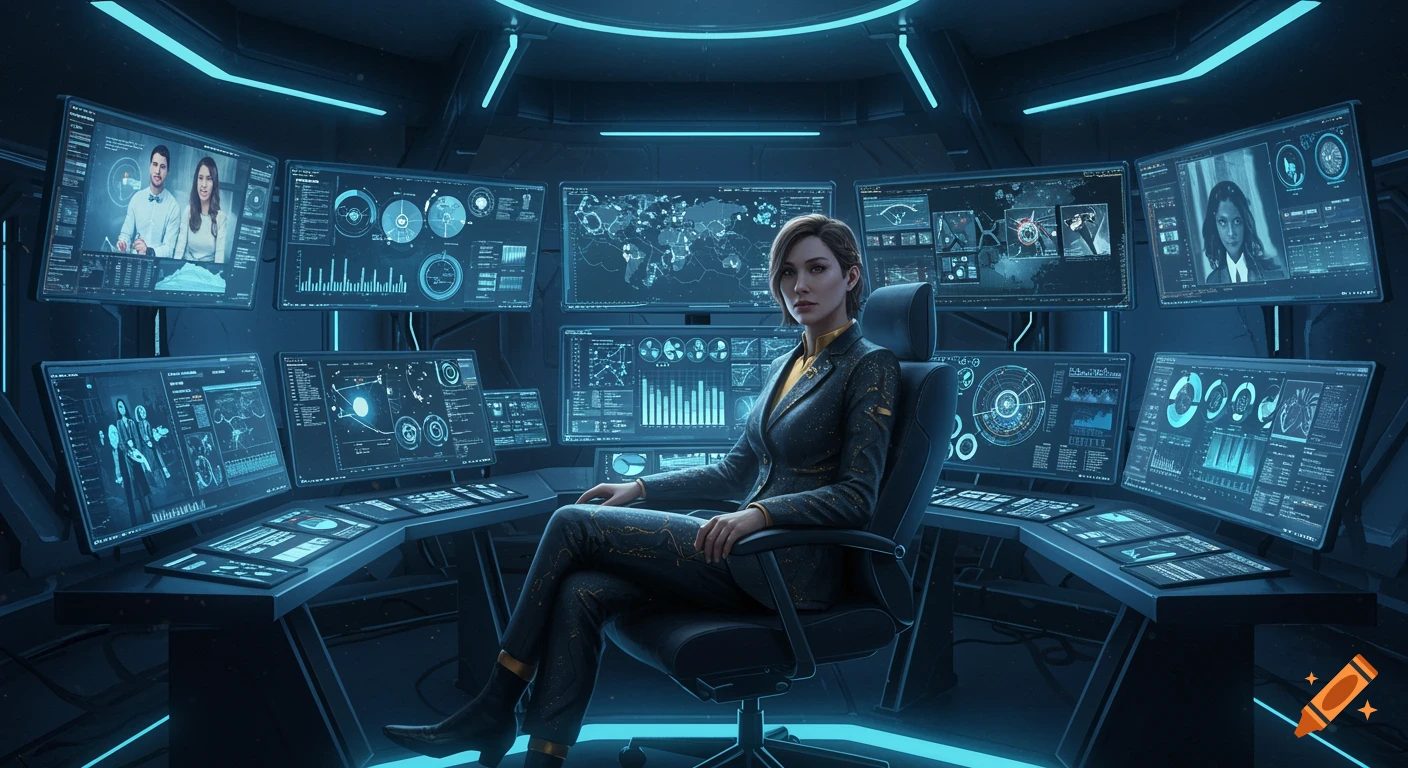 A woman in a sharp suit sits in a futuristic control room, surrounded by multiple glowing screens displaying data and maps.
