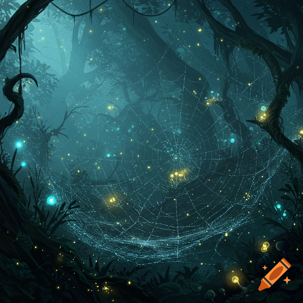 A magical forest at night with a large, glowing spider web adorned with blue and yellow light orbs.