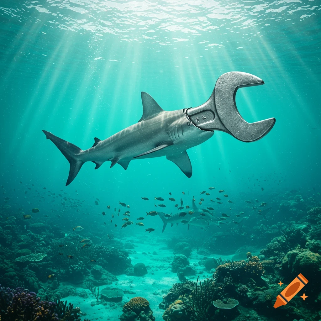 A photorealistic shark with a wrench head swims through an underwater coral reef scene with fish and light rays.