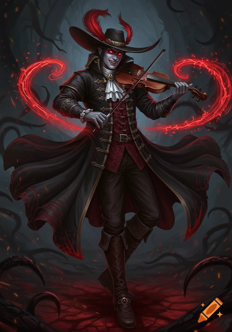 A dark vampire-like bard with glowing red eyes, fangs, and a wide-brimmed hat plays a violin, surrounded by red blood magic.