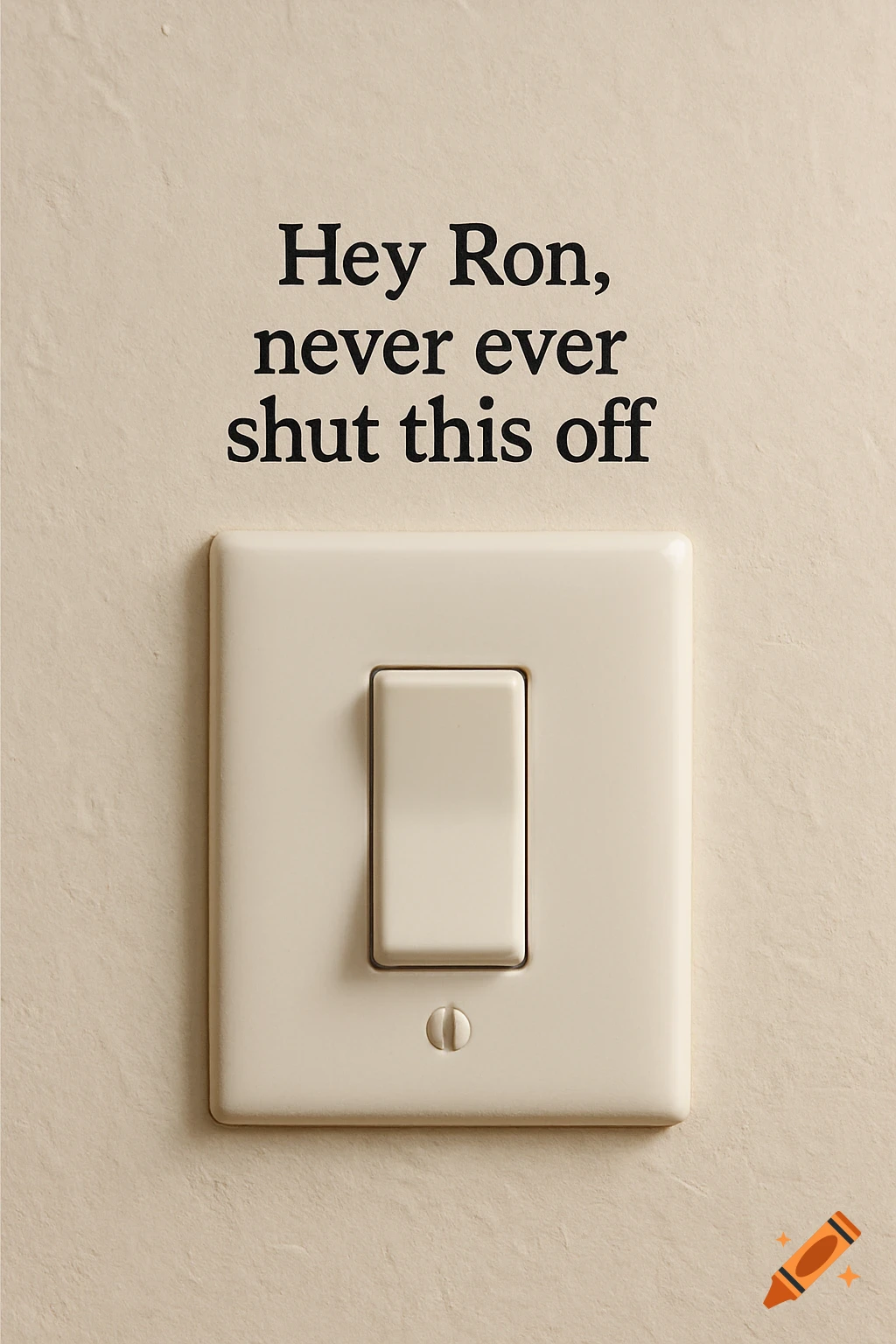 A white light switch on a beige plaster wall with black text above it that reads 'Hey Ron, never ever shut this off'.