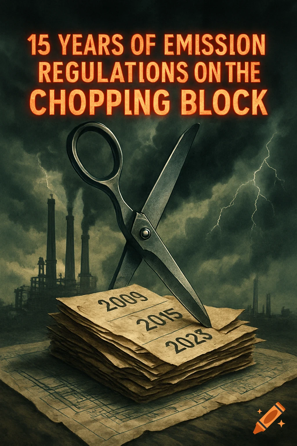 Large scissors on papers with years 2009, 2015, 2023. Smokestacks under stormy sky. Text: 15 Years of Emission Regulations on the Chopping Block.