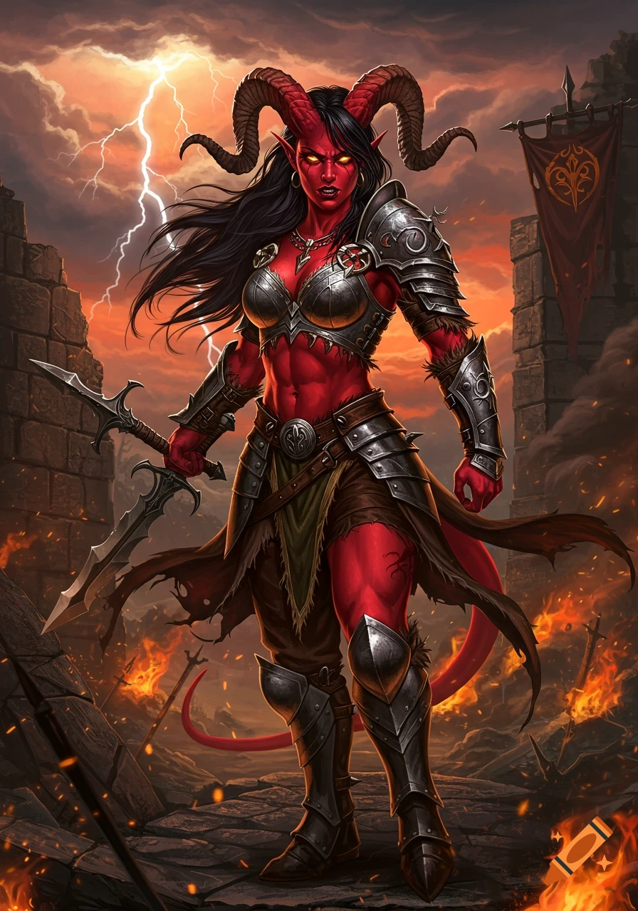 Digital painting of a red-skinned female warrior with horns and armor, holding a sword on a fiery battlefield under stormy skies.