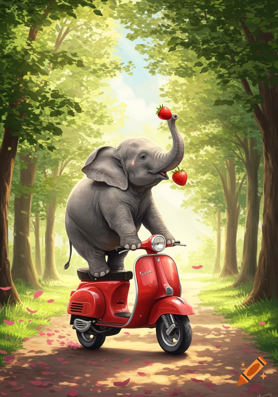 A whimsical illustration of a baby elephant riding a red Vespa scooter in a lush green forest, holding strawberries with its trunk.