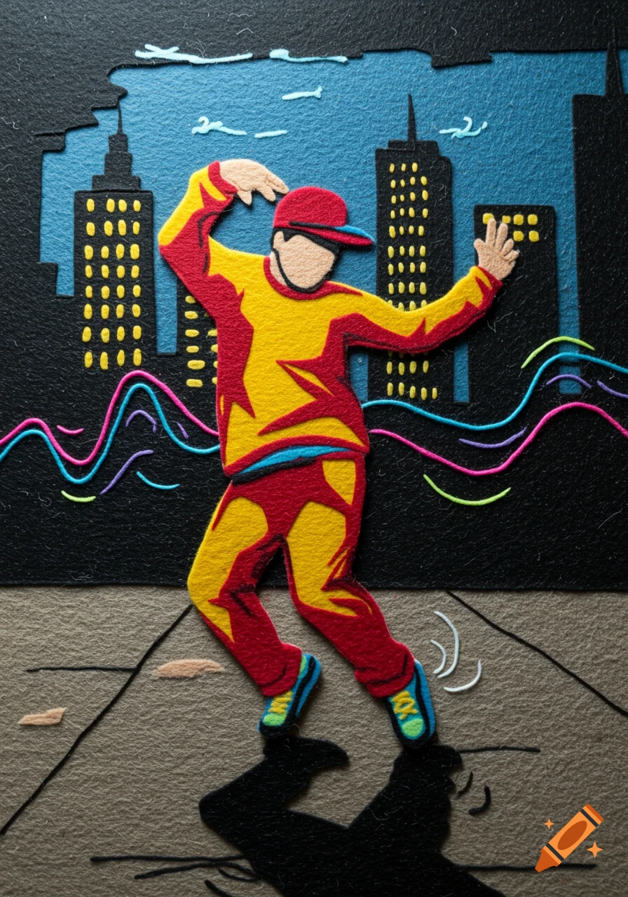 A felt cutout art piece of a street dancer in a yellow and red tracksuit, dancing against a background of city buildings at night.