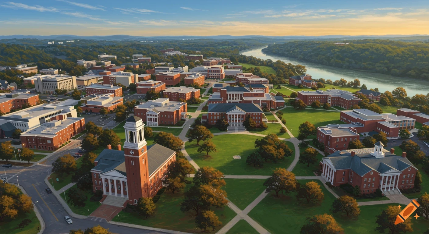 Aerial view of a university campus with many red brick buildings, green lawns, and a river winding through a forested landscape.