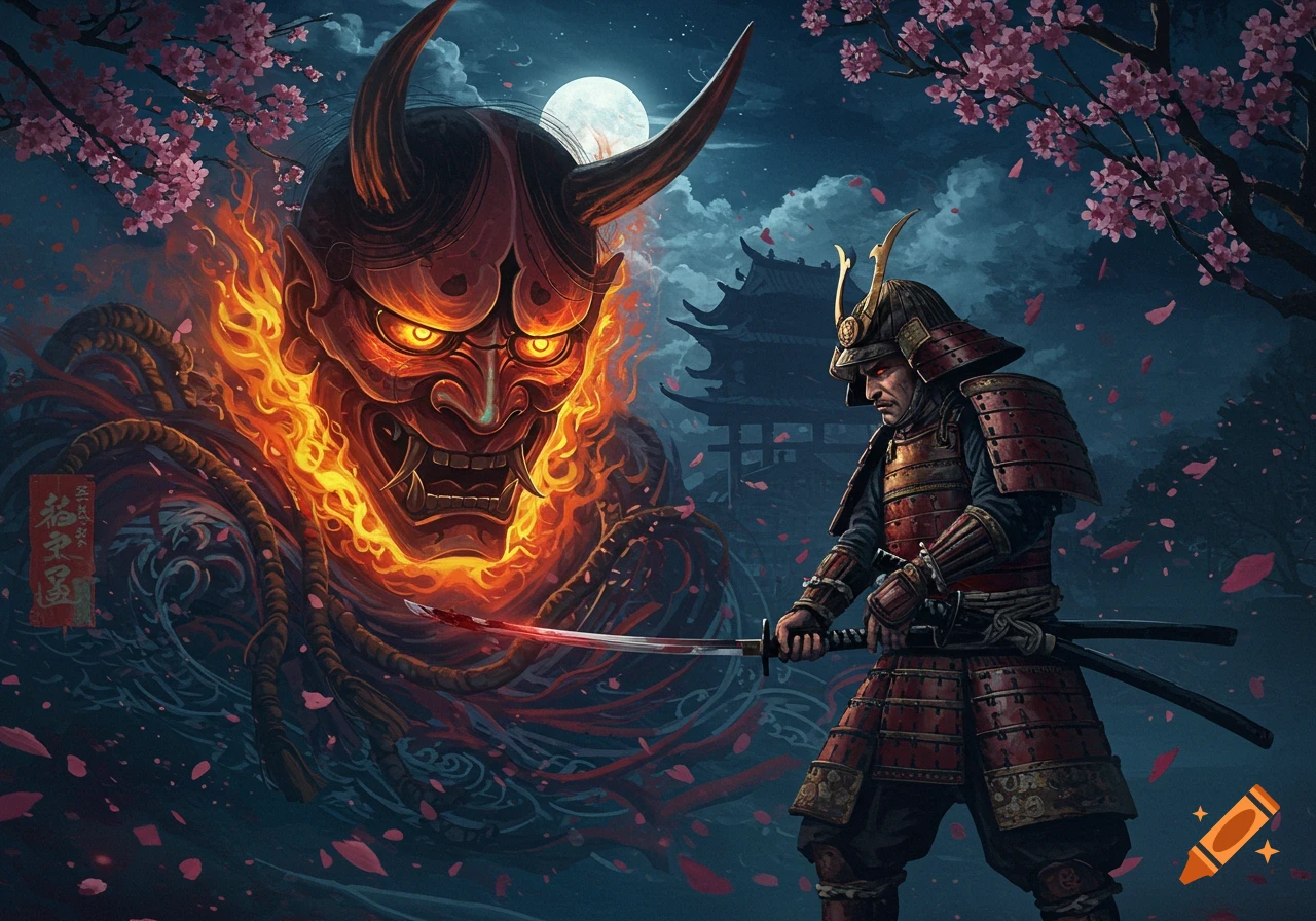 A samurai with a bloody katana faces a giant, fiery Hannya mask under a full moon with cherry blossoms.