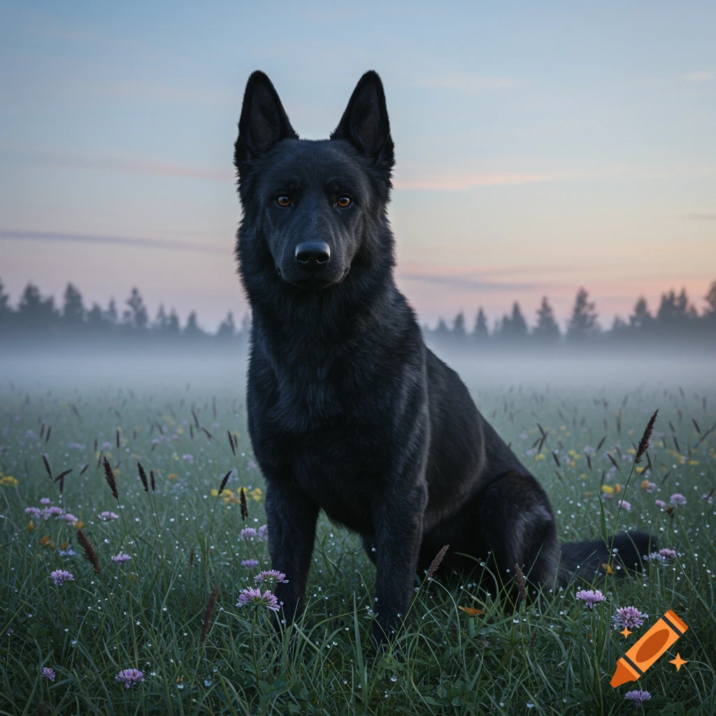 A black German Shepherd mix dog with brown eyes sits in a misty field of green grass and small purple flowers at dawn.