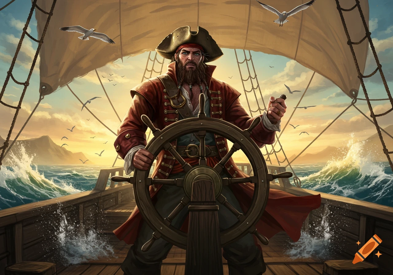 A bearded pirate in a red coat stands at the helm of his ship, steering through rough seas at sunset with seagulls flying above. Digital art.