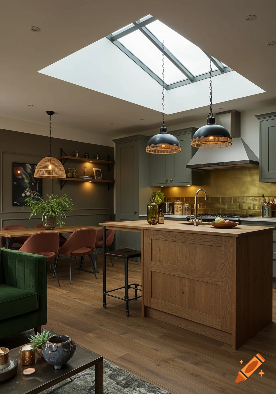A warm earthy industrial luxe kitchen and dining area with a large skylight, green velvet sofa, and rattan pendants.