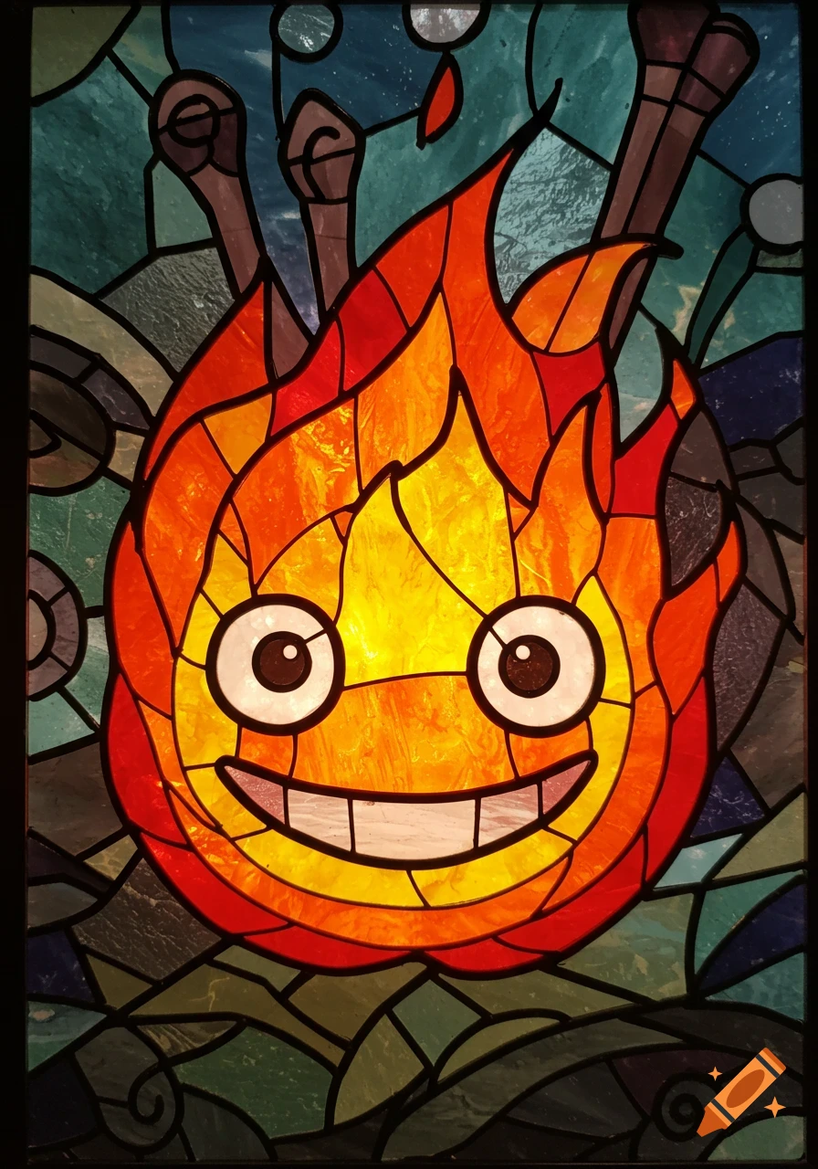 A smiling orange and yellow fire character with white eyes and a wide smile, depicted in a vibrant stained glass style.