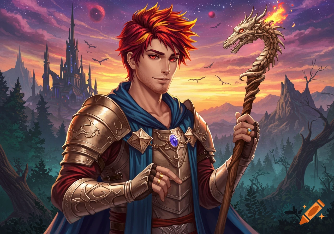 An anime-style young man in golden mage armor, with fiery red hair and red eyes, holds a flaming dragon staff in a fantasy landscape with a dark castle.